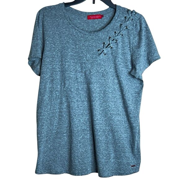 n:Philanthropy Grey Tee Shirt Sz L Short Sleeves Criss Cross Lacing At Shoulder - Picture 1 of 7